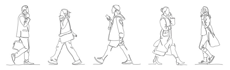 People men and women walking and talking on phone. Side view. Continuous line drawing. Black and white vector illustration in line art style.