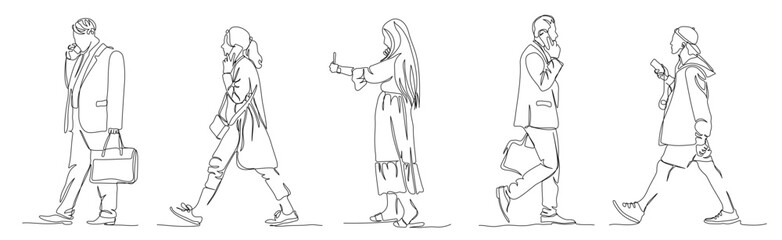 People walking.  Men and women talking on phone. Side view. Continuous line drawing. Black and white vector illustration in line art style.
