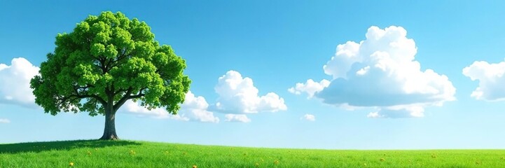 Isolated tree against a clear blue sky with fluffy white clouds, vast, green, blue