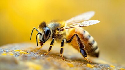 Honey bee collecting pollen on a hive frame in springtime with golden background