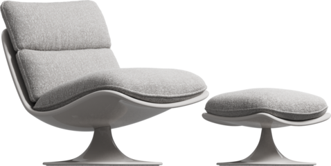 Perspective view of a modern boucle upholstered armchair and footstool