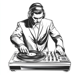 A monochrome illustration of a dj in a suit with headphones mixing music on a turntable machine