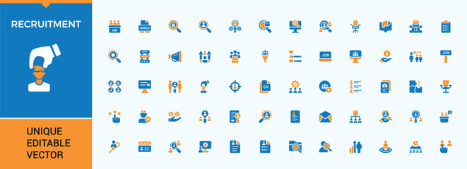 Recruitment colorful icon collection. Pack of headhunting, human resource, hiring, recruit, career, interview and more. Perfect for logos and infographic. Job filled icon collection. Editable vector.