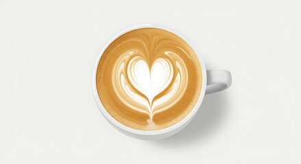 Latte Art Coffee Cup Heart Design on White Background Overhead View