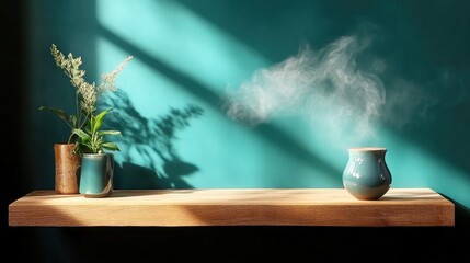 Wooden shelf with teal pot and plant, sunlit
