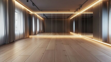 Obraz premium Modern dance studio interior, mirrored walls, hardwood floor
