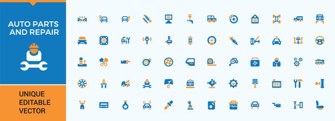 Set of Auto Parts colorful solid icon. It contains symbols to repair, element, automobile, spare, engine, service and more. Sign and Symbol. Repair icon set. Editable stroke collections.