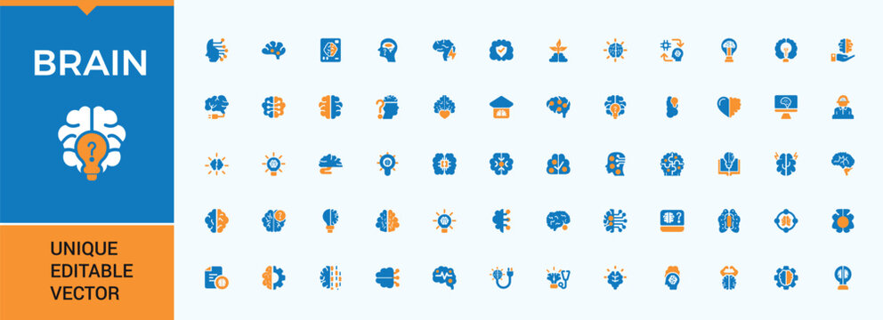 Brain colorful related icon set. Includes symbols for mind, intelligence, storm, psychology, head and more. Minimal icons set. Mind related icon. Editable stroke collections.