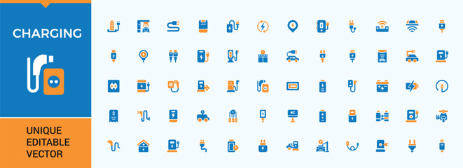 Charging colorful icon collection. Includes symbols for ev, plug, electrical, station, technology, energy and more. Minimal icons pack. Charging station icon set. Editable vector.