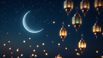Crescent moon and stars with illuminated lanterns hanging in a dark blue night sky setting