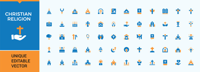 Christian Religion colorful icon collection. Contains filled symbols like pray, church, christianity, god, faith, spirit, ritual and more. Filled icons pack. Catholic related icon set.