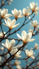 White magnolia flowers in full bloom, sturdy branches reaching skyward , tree, tree branch