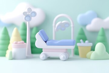 Pastel-toned, 3D-rendered scene of a children's hospital bed, surrounded by whimsical trees and clouds.  A light fixture and decorative planters add to the cheerful ambiance