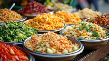 Fototapeta premium Colorful Variety of Asian Pickled Vegetables and Salads at Market