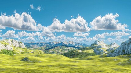 Obraz premium Sunny mountain valley landscape with rolling hills and puffy clouds