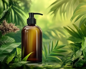 Spa Product in Lush Greenery: A sleek, dark-glass pump bottle containing spa product stands amidst a vibrant, verdant backdrop of lush tropical foliage.