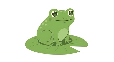 Cartoon Green Frog Sitting on Lily Pad, Isolated on White