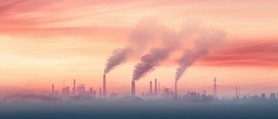 Fototapeta premium dark dystopian skyline features factories emitting smoke into colorful sunset. scene evokes sense of industrialization and environmental impact, highlighting contrast between nature and human