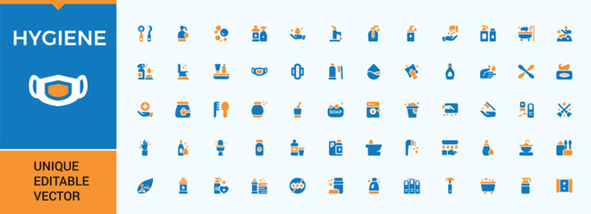 Hygiene colorful icon set. Contain filled sign disinfect, protect, anti, medical, protection, care and more. Icons for website. Bath icon set. Pixel Perfect.