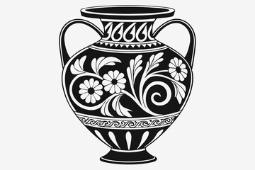 45 Black ornate vase, intricate filigree design, carved openwork pattern, matte finish, symmetrical floral motifs, baroque style, dramatic shadows, high contrast, studio lighting, detailed craftsmansh