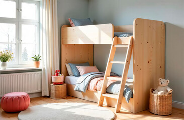 Cozy neutral kids room with a bunk bed and play area. A modern and functional space designed for comfort, perfect for interior design, children furniture ads, and home decor inspiration.