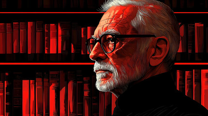 Profile portrait of an elderly man with glasses, thoughtfully gazing towards a red-lit bookshelf filled with numerous books