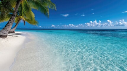 Fototapeta premium Pristine beach with turquoise water and palm trees under a vibrant blue sky