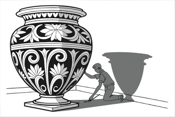 45 Black ornate vase, intricate filigree design, carved openwork pattern, matte finish, symmetrical floral motifs, baroque style, dramatic shadows, high contrast, studio lighting, detailed craftsmansh