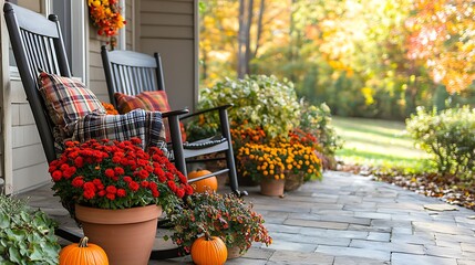 Autumn porch scene with rocking chairs and fall decorations