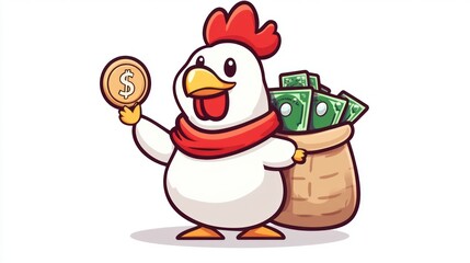 Cute cartoon chicken holding money bag