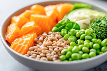 Fresh, vibrant ingredients in a bowl, featuring salmon cubes, green vegetables, and seeds, ideal for healthy eating recipes, nutrition blogs, and meal prep ideas,