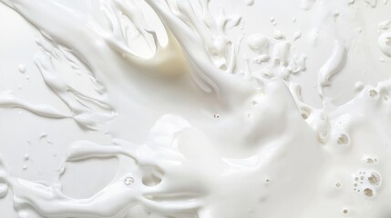 Milk is splashing on a white background, creating an abstract and dynamic pattern