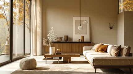 Cozy living room with a white couch, a vase, and a tray