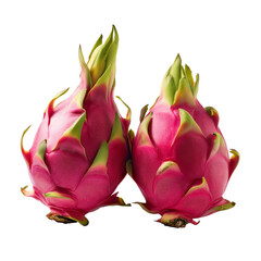 Fototapeta premium Exotic Dragon Fruits: Two vibrant dragon fruits showcased, the image focuses on their distinctive pink skin, green scales and intriguing form.