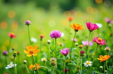 Vibrant multicolored flowers blooming in a field, creating a natural and fresh atmosphere. Ideal for eco-friendly products, nature-inspired marketing, floral designs, and environmental campaigns.