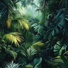 Tropical green leaves and fern fronds evoke summer nature