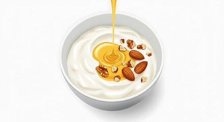 Pouring Honey Onto Yogurt with Almonds and Walnuts for Breakfast