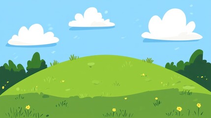 Fototapeta premium Cartoon landscape of a grassy hill under a blue sky. Possible use children's book illustration, background for a game