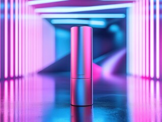 Futuristic Lipstick in Neon: A sleek, metallic lipstick stands boldly in a vibrant, futuristic setting, illuminated by a mesmerizing interplay of neon pink and blue lights.