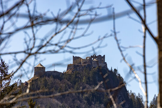 Ehrenberg Castle Ruins on a Forested Hilltop, Austria, March 20, 2024