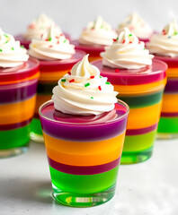 Colorful Layered Jello with Whipped Cream: Festive Gelatin Dessert for Parties and Celebrations