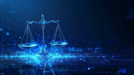 Digital scales of justice, glowing blue, technology background.