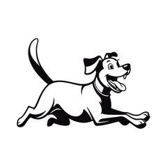 A black and white vector silhouette of a playful dog joyfully chasing something while running on a white background
