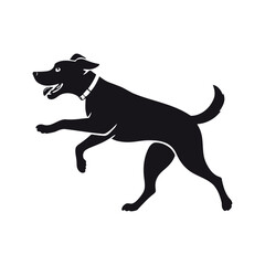 A minimalistic black and white vector silhouette of a cheerful dog mid-jump, having fun on a white background