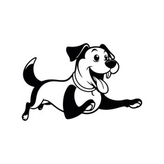 A clean black and white vector illustration of a dog happily bouncing around, full of energy, on a white background