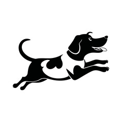 simple black and white vector illustration of an excited dog jumping high with joy on a clean white background.