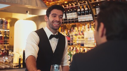 Focusing on smiling smart bartender preparing drinks at luxurious bar while engaging lively conversation with VIP customer at vibrant warm lighting atmosphere bottle bar and pub background. Vinosity.