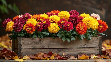 Autumnal blooms in rustic wooden planter