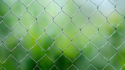 Fototapeta premium A diamond-patterned net is stretched taut against a blurred backdrop of green foliage.