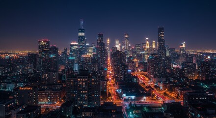 Fototapeta premium Mesmerizing Nightscape: Chicago Skyline Illuminates with Urban Splendor